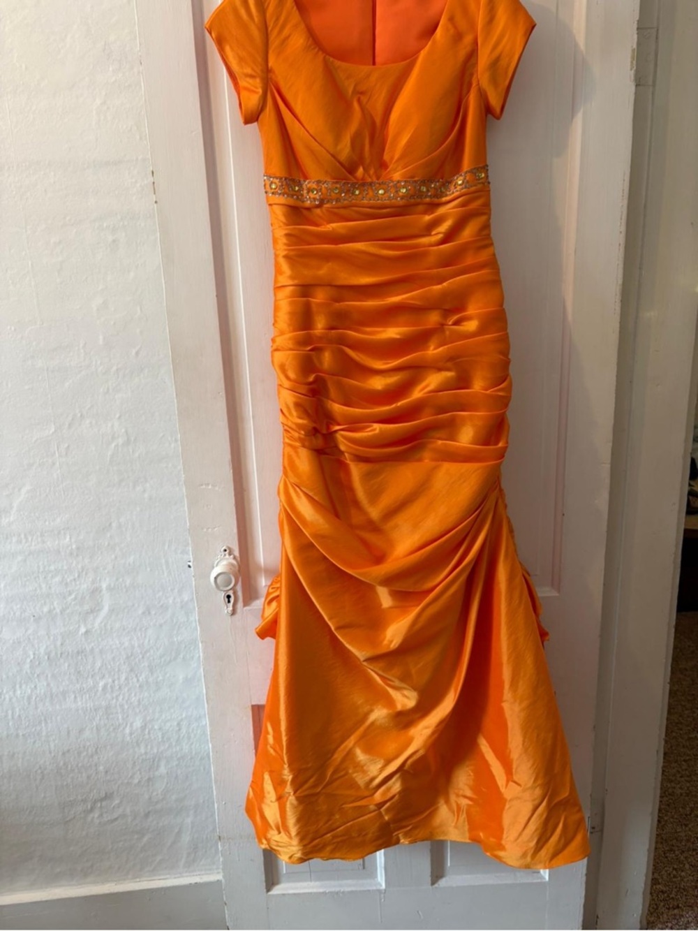 Orange Satin Ruched Evening Gown with Beaded Waist